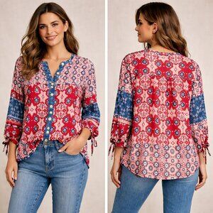 John Mark Boho Patchwork Peasant Blouse Red Blue Print Size Small